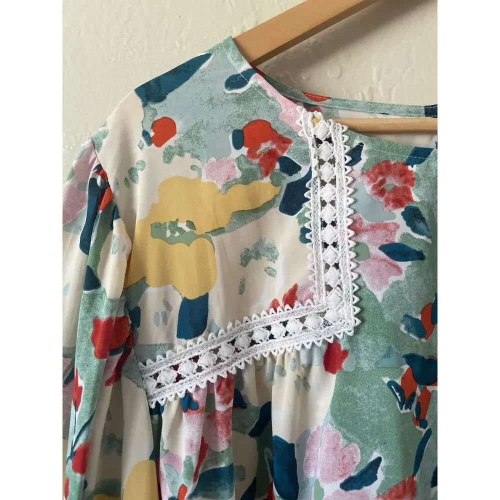 Entro Floral Crochet Detail Smocked Blouse Top Spring Boho Flowy Office Career - Picture 5 of 8